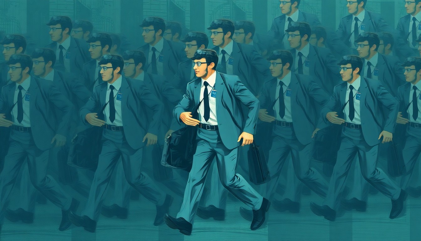 A fractured, abstract painting of an aviation worker in motion, repeated in overlapping geometric shapes and muted colors, conveying the disruptive impact of government shutdowns on the air travel system.