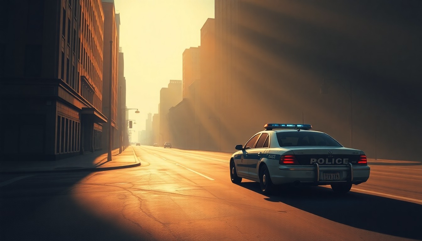 A cinematic painting of a lone police car parked on a dimly lit, deserted city street, with warm sunlight and deep shadows creating a contemplative mood around the vehicle.