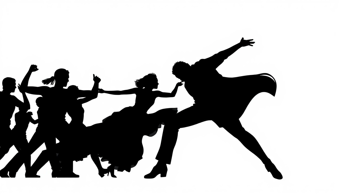 A striking black silhouette of dancers in motion, captured in a bold, minimalist graphic style that evokes the energy and artistry of a dance competition.