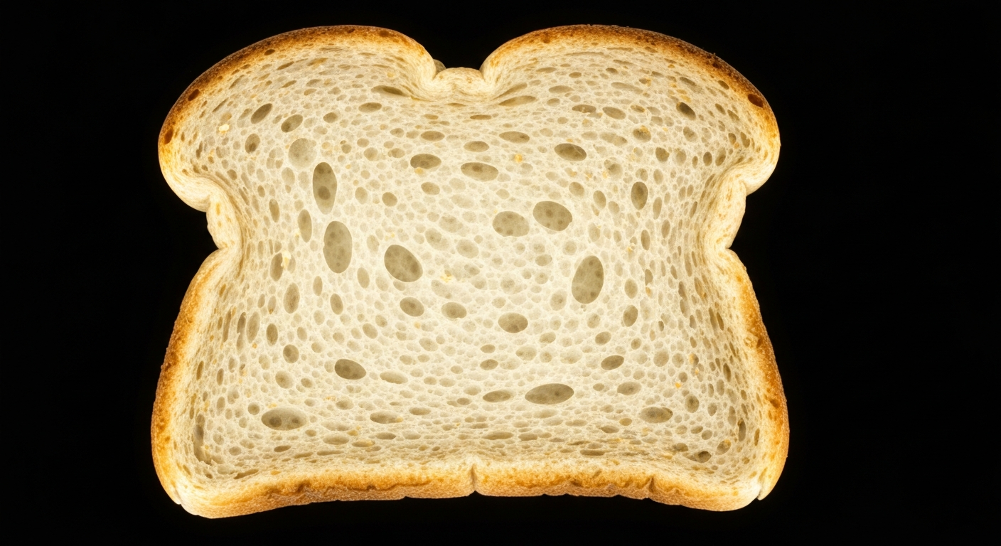 A translucent X-ray image revealing the intricate internal structure of a slice of whole wheat bread, with its complex network of fibers and grains glowing against a dark background.