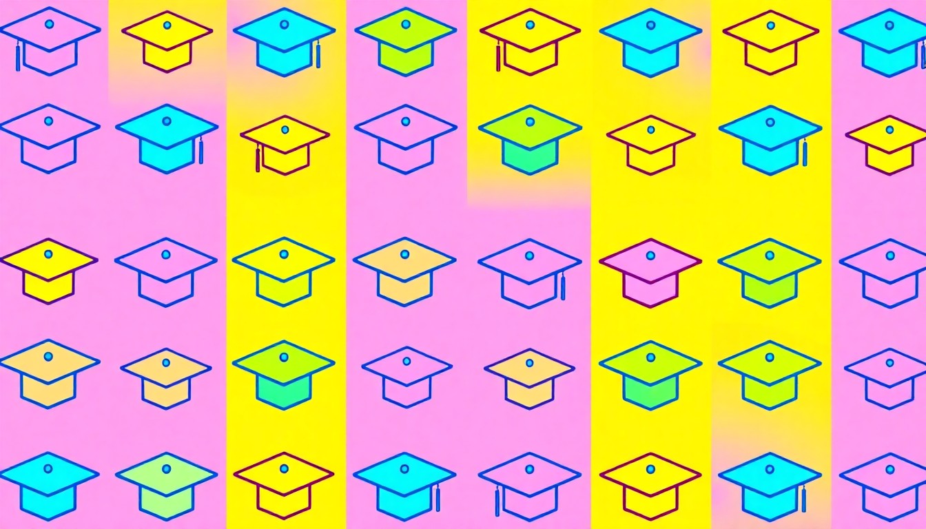 A bold, colorful silkscreen-style illustration featuring a repeating pattern of a graduation cap icon in neon blue, pink, and yellow, conveying the celebratory spirit of academic excellence.