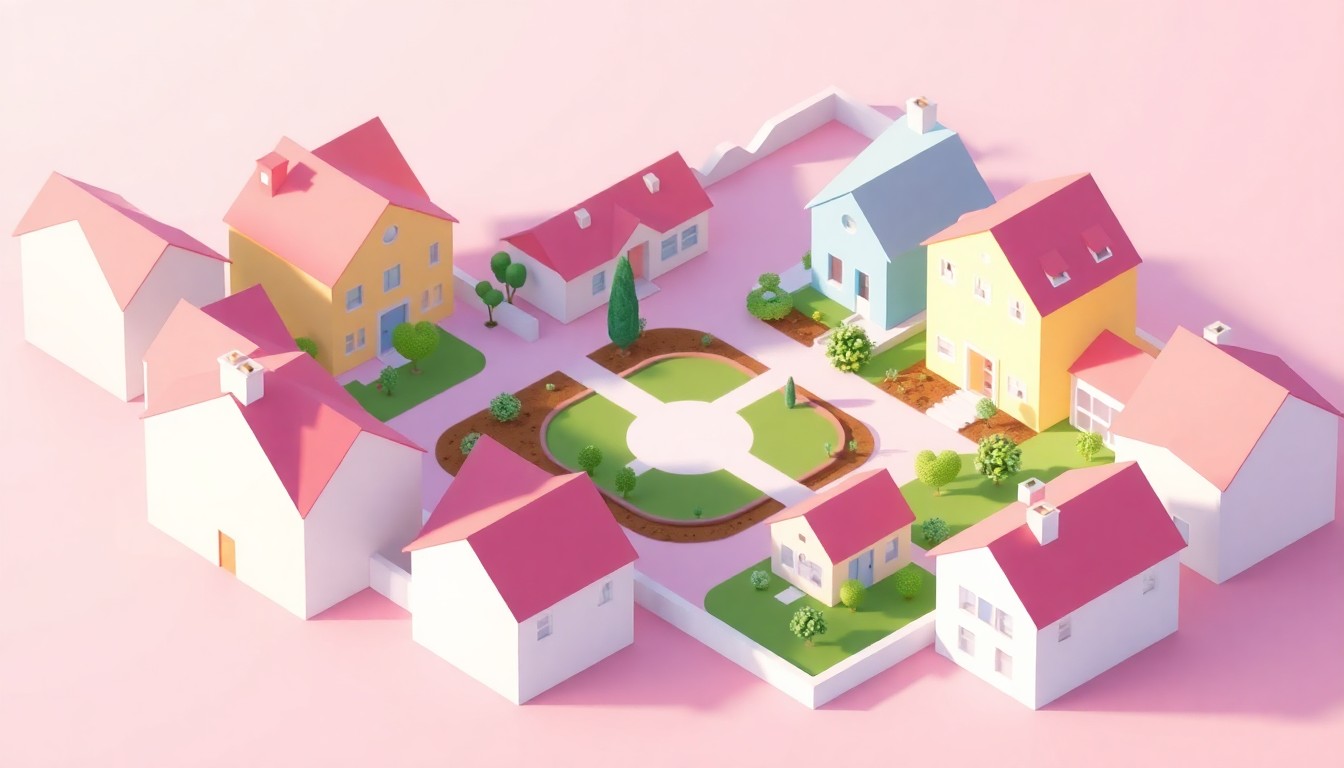 A minimalist, pastel-colored 3D illustration depicting a modern, geometric neighborhood with homes arranged around a central green space, representing the new Heritage at Cannery community in Stockton.