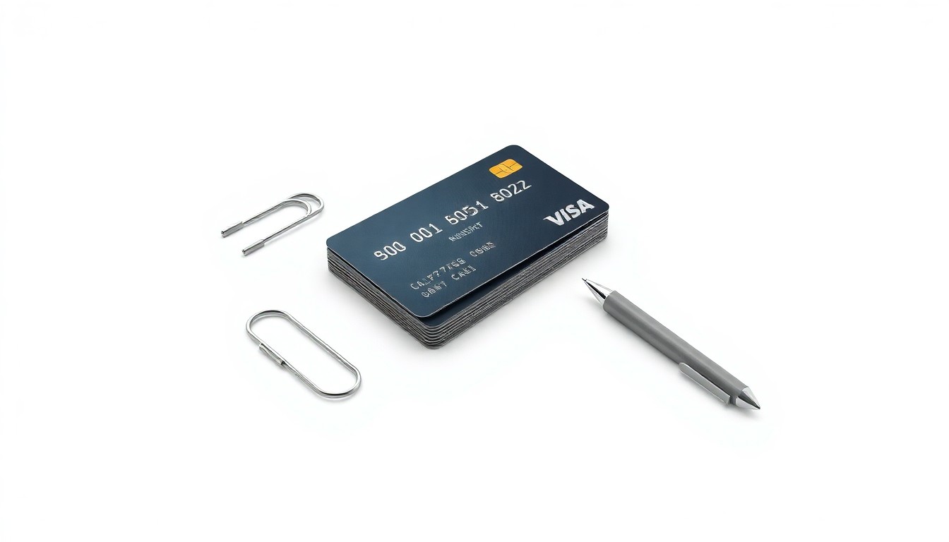 A minimalist studio still life featuring a stack of credit cards, a metal paperclip, and a modern pen, symbolizing the abstract concepts of finance and fintech innovation.
