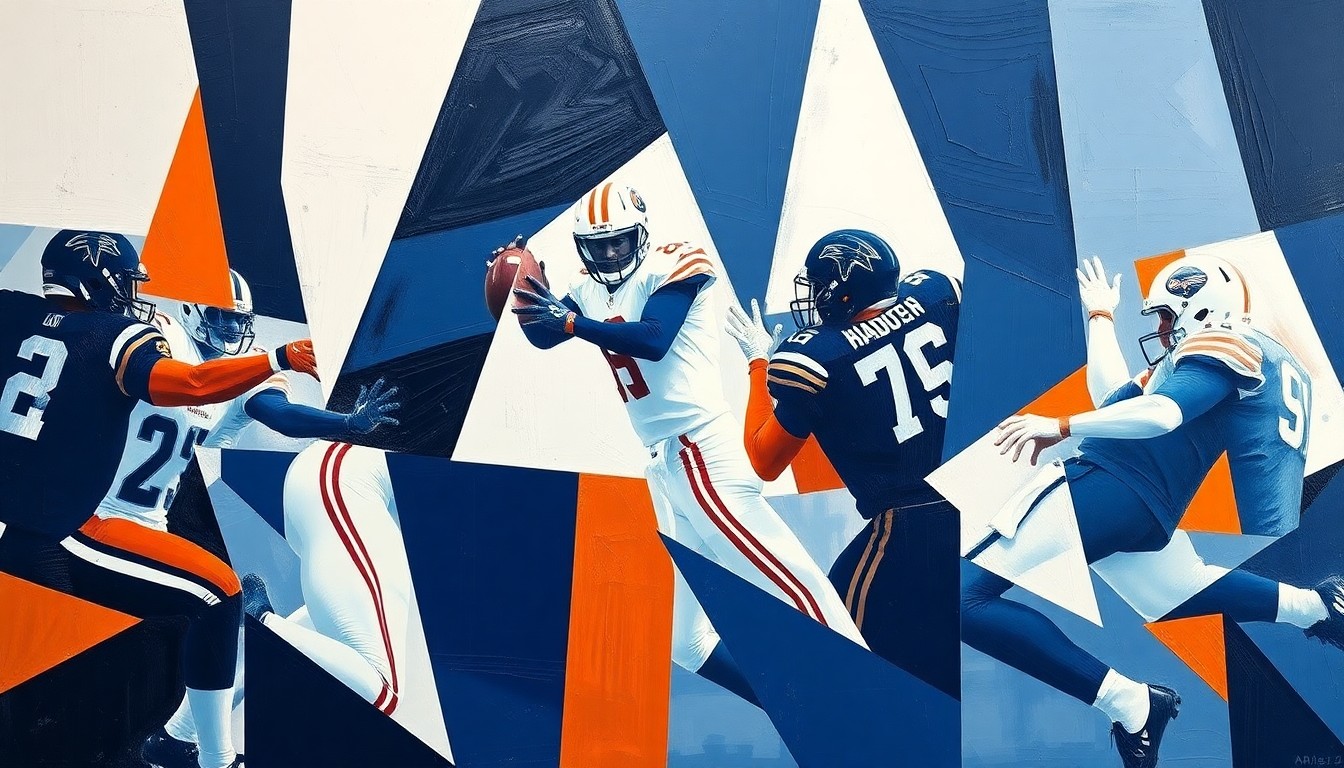 A fractured, multi-perspective painting depicting a football player in motion, their body and the ball broken down into sharp, overlapping geometric shapes in a color palette of navy blue, white, and burnt orange, conceptually representing the complex quarterback situation in Indianapolis.