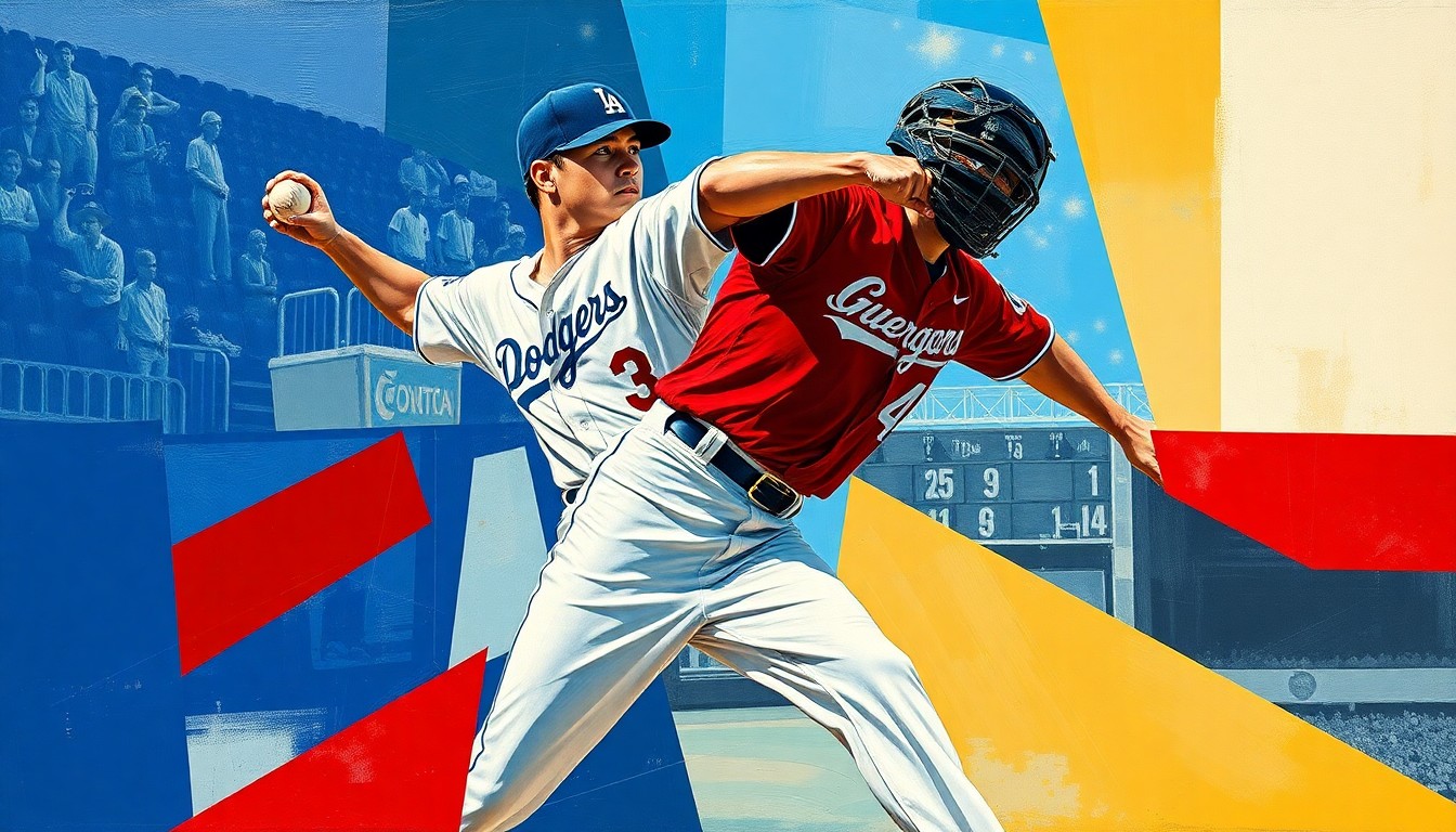 A fragmented, geometric painting depicting the pitching motion and baseball action in an abstract, cubist style, using bold colors and sharp, overlapping shapes to convey the intensity of the game.