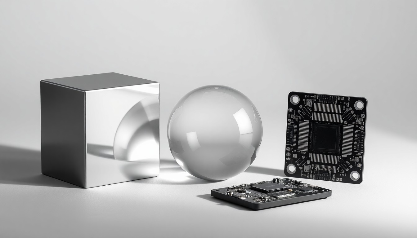 A minimalist studio still life featuring a sleek metal cube, a smooth glass sphere, and a sharp-edged circuit board, symbolizing the advanced technology and innovation behind Cumming Group's new specialized construction services.
