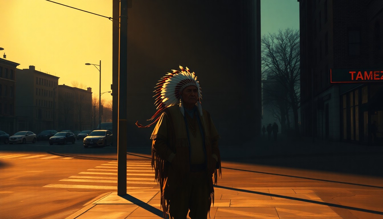 A solitary Native American elder in traditional clothing stands on a dimly lit urban street corner, the warm sunlight casting deep shadows across the scene, conveying a sense of quiet contemplation and the enduring struggle for Native voting rights.