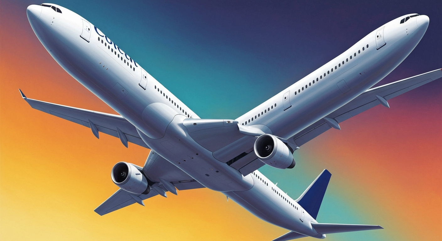 A highly stylized, geometric illustration depicting the silhouette of a large commercial airliner against a backdrop of bold, sweeping gradients in shades of blue and orange, conveying the grand scale and technical complexity of air travel.
