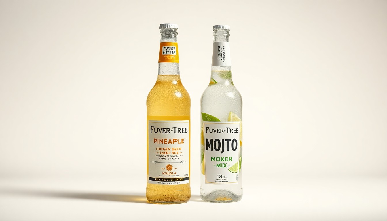 A high-end, photorealistic studio still-life photograph featuring glass bottles of Fever-Tree Pineapple Ginger Beer and Fever-Tree Classic Mojito Mix, arranged elegantly on a clean, monochromatic background with dramatic studio lighting and deep shadows, conceptually representing the premium quality and tropical flavors of these Fever-Tree mixer products.