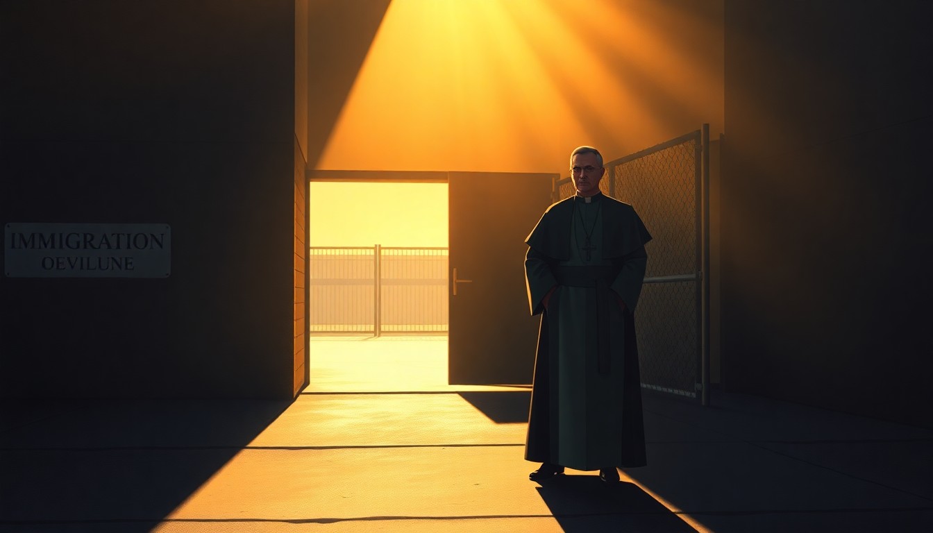 A serene oil painting depicting a Catholic priest standing alone outside the entrance of an immigration detention facility, the building's facade bathed in warm, golden light and deep shadows, conveying a contemplative, hopeful mood.