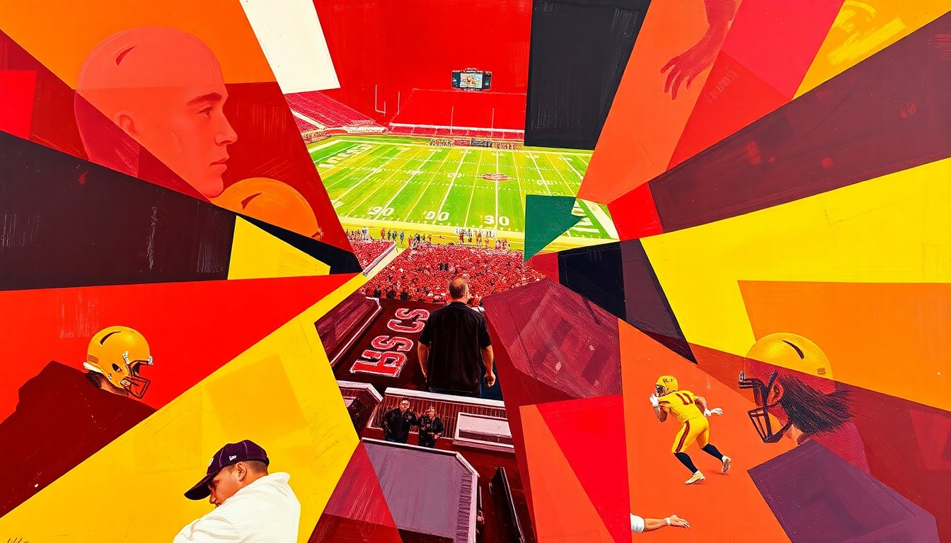 A fractured, geometric painting in vibrant red and gold hues, depicting the dynamic movements and passing connections of a USC Trojans football game or practice.