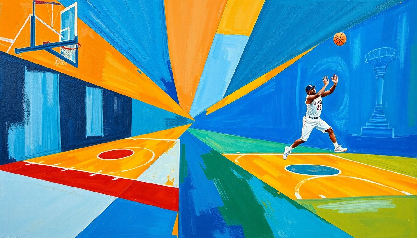 A cubist, geometric painting depicting fragmented scenes of a basketball game, a baseball game, and a basketball player, using vibrant colors and sharp, overlapping shapes to capture the energy and excitement of sports betting.