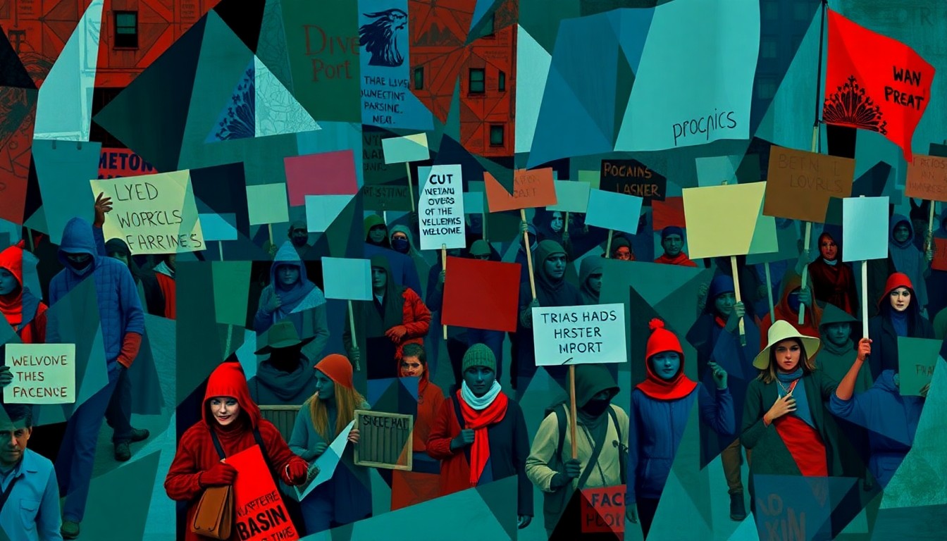 A dynamic, abstract painting of protesters marching with signs, the figures and shapes overlapping and repeating in a vibrant, fractured style that conveys the energy and momentum of the demonstrations.