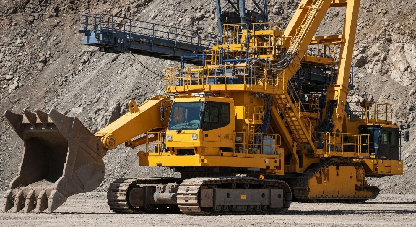 An extreme close-up photograph of large, heavy mining equipment and machinery in a rugged, industrial setting, conveying the scale and power of the Donlin Gold project.
