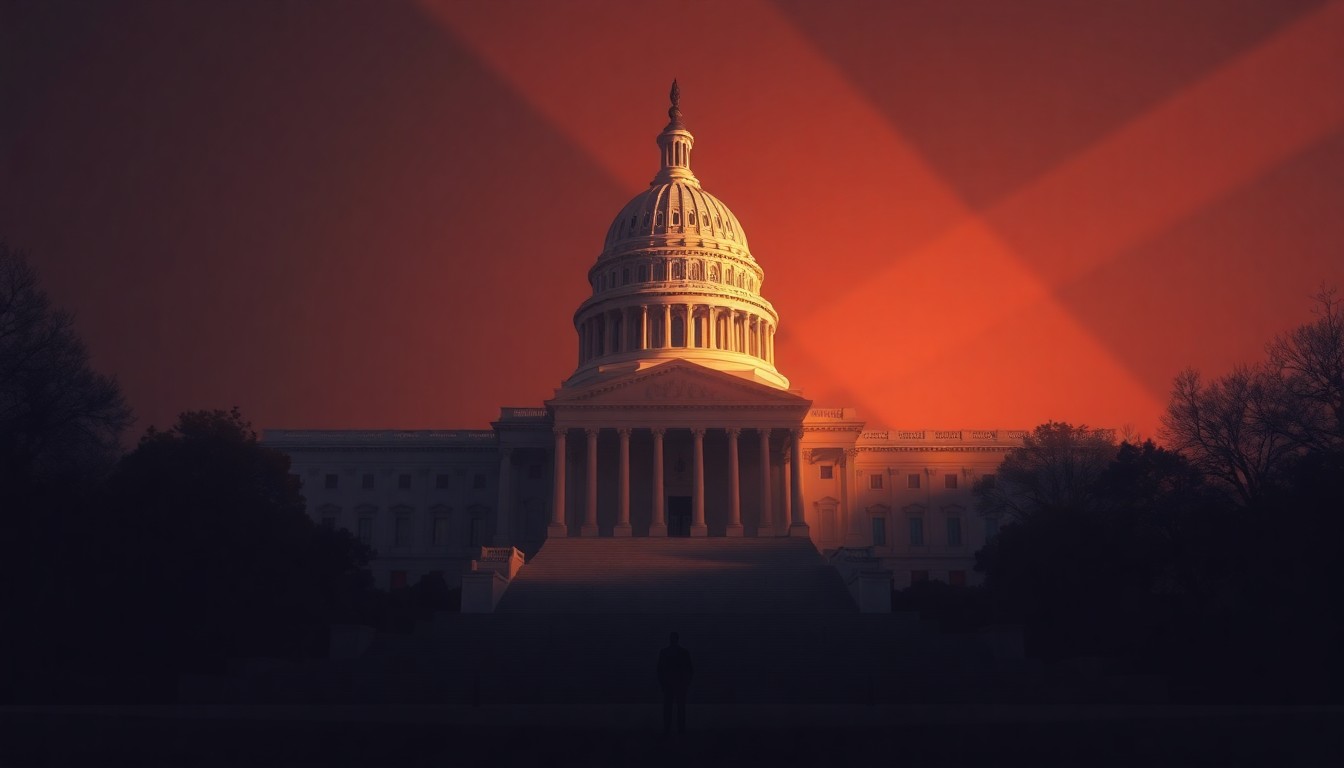 A serene, nostalgic painting of the U.S. Capitol building in warm, muted tones, with a single figure standing on the steps, conveying the sense of political gridlock and uncertainty surrounding the government shutdown.
