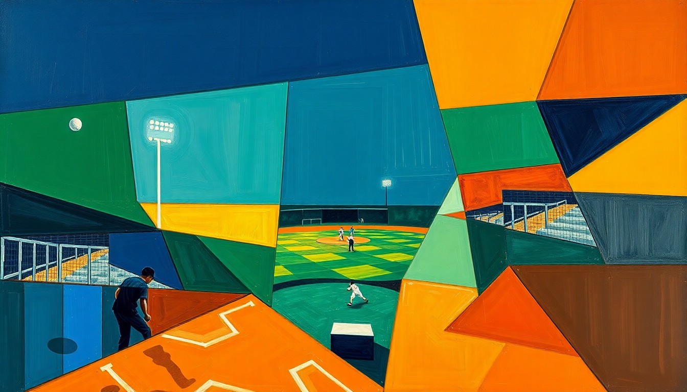 A fractured, multi-perspective painting in a cubist style, breaking down a softball game into sharp, overlapping geometric shapes in a vibrant color palette, conveying the energy and dynamism of the Lady Tigers' dominant performance.
