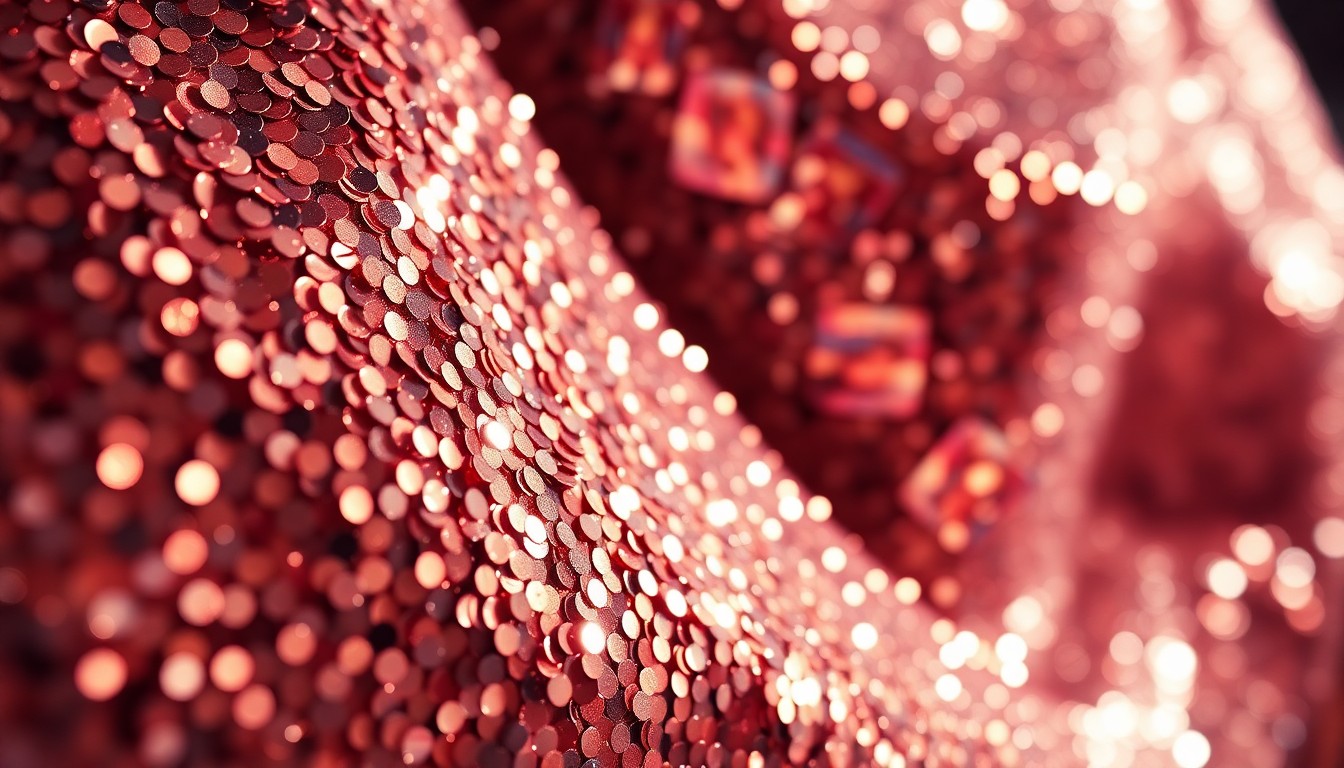 An abstract close-up photograph of shimmering, glittering sequins in high-contrast studio lighting, conveying a sense of luxury and glamour associated with celebrity culture.