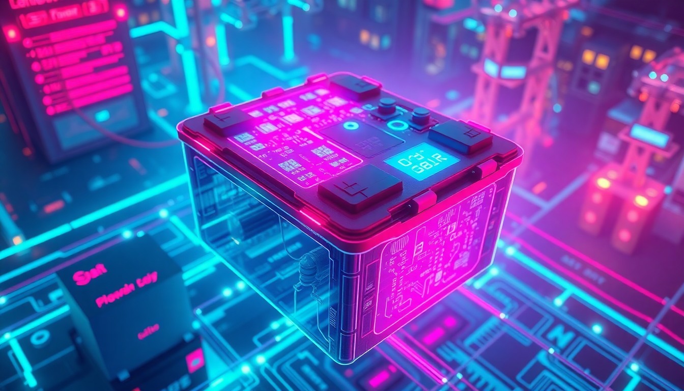 A highly detailed 3D illustration of a glowing, neon-lit electric vehicle battery pack, surrounded by pulsing digital infrastructure, conceptually representing the cybersecurity risks associated with electric vehicles and the power grid.