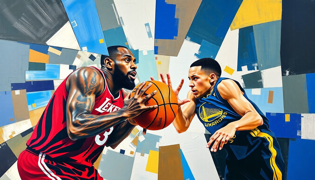 A fragmented, geometric painting depicting the dynamic interplay between two basketball players, their forms and movements deconstructed into sharp, overlapping planes of color and line.