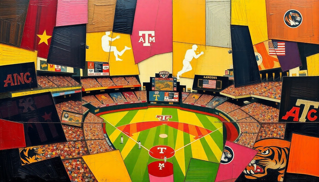 A cubist, geometric painting depicting a baseball game in motion, with overlapping planes of maroon, gold, and black representing the players, field, and crowd.
