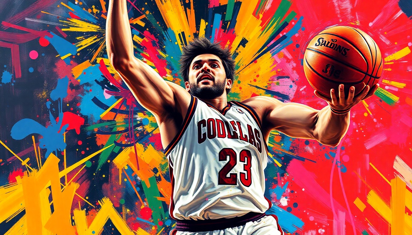 An extreme close-up of Brandin Podziemski driving forcefully to the hoop, his body and jersey blurred into vibrant, expressive brushstrokes of neon paint.
