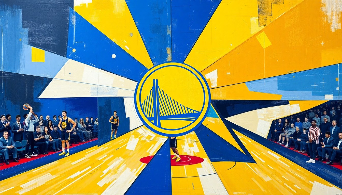 A fragmented, geometric painting in shades of blue, gold, and white, capturing the energy and movement of a basketball game in an abstract, deconstructed style.