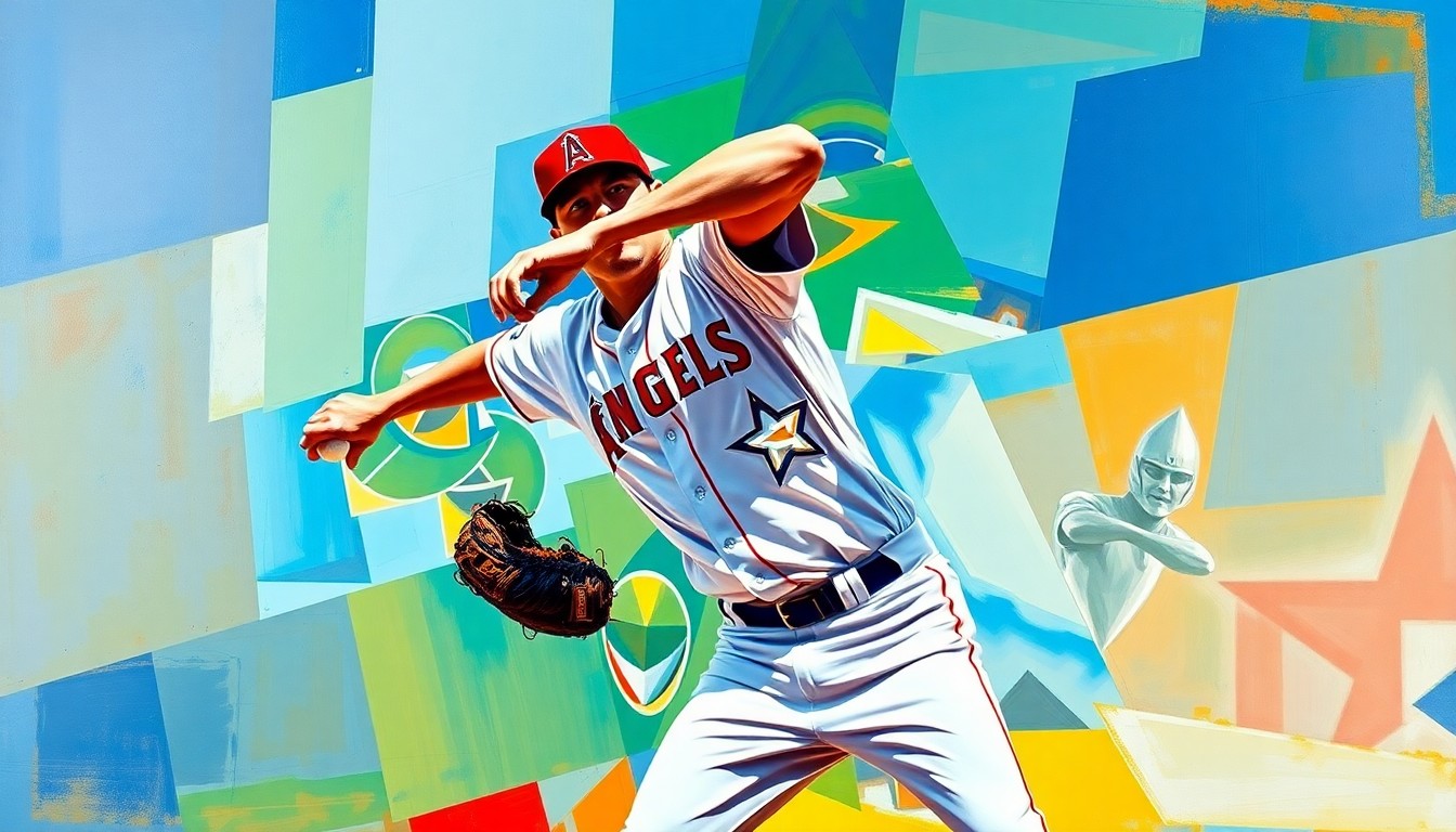 A fractured, multi-perspective painting depicting a baseball pitcher's throwing motion broken down into sharp, overlapping geometric shapes and planes in vibrant colors.
