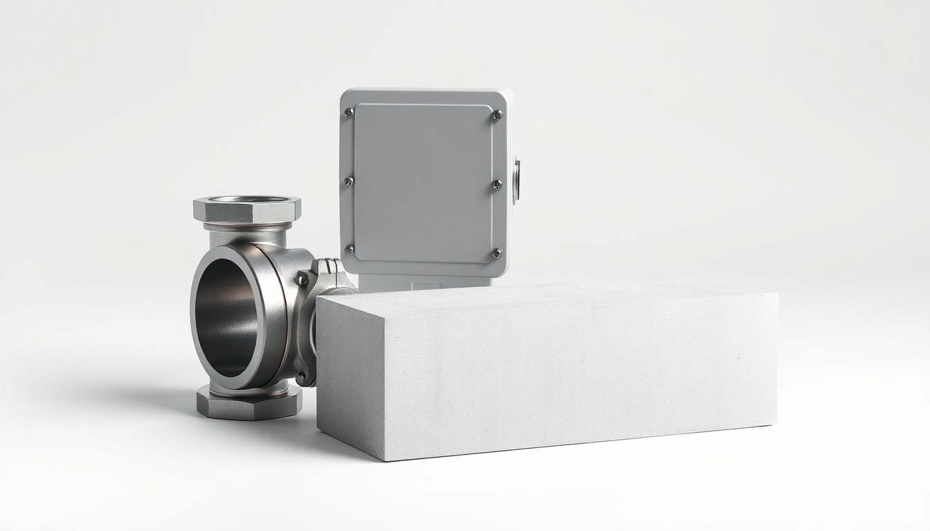 A high-end, photorealistic studio still-life photograph featuring polished metal, sleek electrical components, and smooth concrete, arranged elegantly on a clean background to symbolize Primoris Services' work in energy infrastructure and construction.