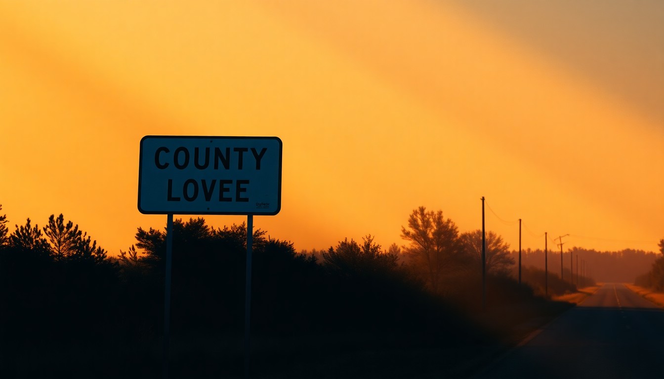 A serene, photorealistic painting of a solitary county highway sign post standing alone on a rural road, the sign's surface reflecting the warm glow of the setting sun and casting long shadows across the pavement, conveying a sense of unease and unresolved community tensions.