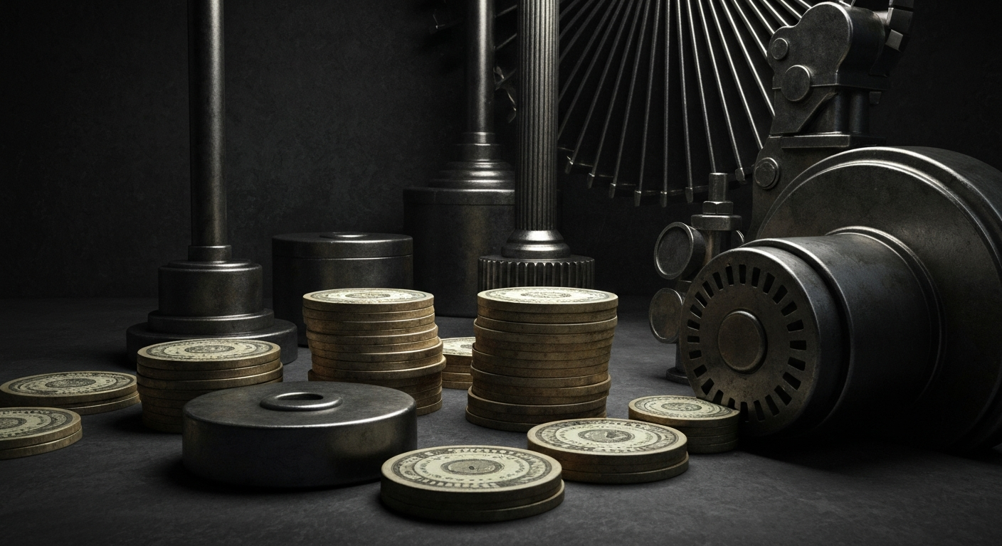 A highly detailed, black-and-white close-up photograph of the inner workings of a bank vault or financial institution, capturing the industrial strength and technical precision of the banking industry.