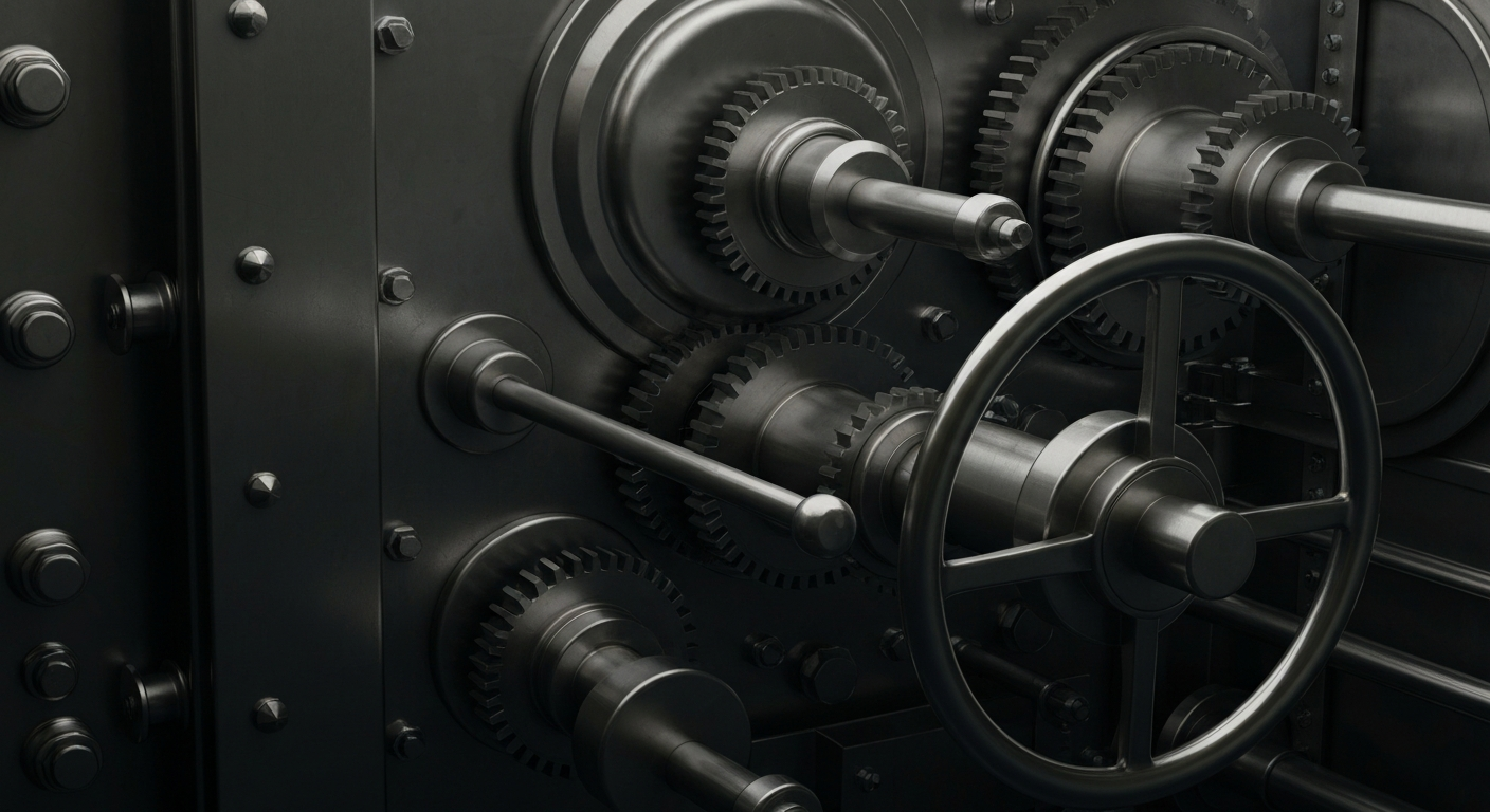 A highly detailed, black-and-white close-up image of the inner workings of a banking vault, with gears, levers, and other mechanical components filling the frame, conceptually representing the institutional nature of financial investments.