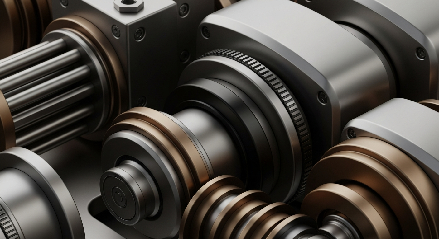 An extreme close-up of intricate, heavy industrial banking machinery and components in shades of steel grey, bronze, and black, conveying a sense of financial security and institutional power.