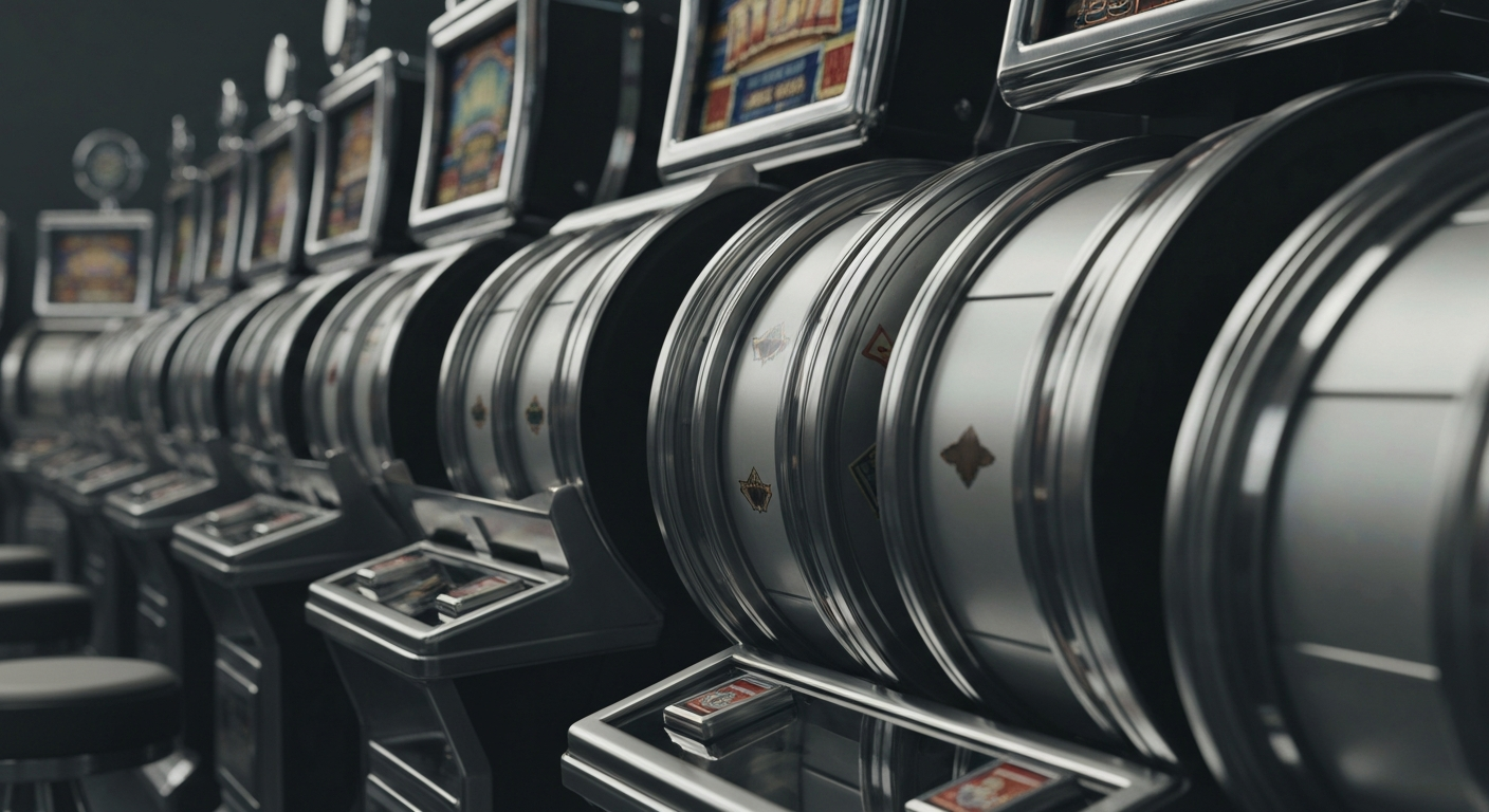 An extreme close-up of the intricate mechanics and metal components of casino gaming machines, conveying the industrial power and institutional wealth of the gaming industry.