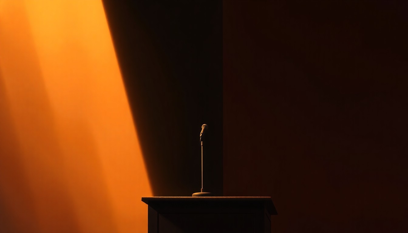 A moody, cinematic painting of a solitary microphone on a podium, capturing the quiet intensity of a political moment through the use of warm lighting and deep shadows.