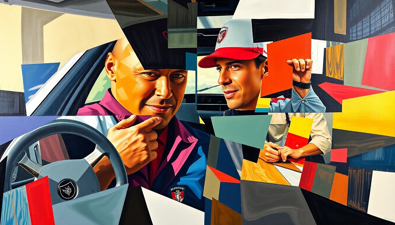 A cubist-style painting depicting a car crash scene broken down into sharp, overlapping geometric shapes and planes, conceptually representing the fragmented and troubling nature of Tiger Woods' repeated driving incidents.