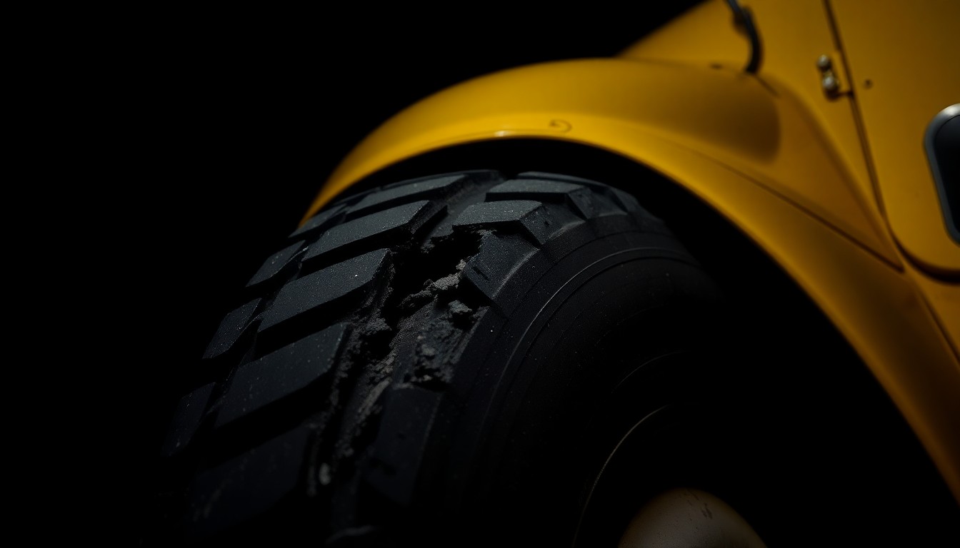 An extreme close-up photograph of a damaged school bus tire tread, lit by a harsh, direct camera flash against a pitch-black background, conceptually illustrating the gritty, investigative nature of this tragic incident.