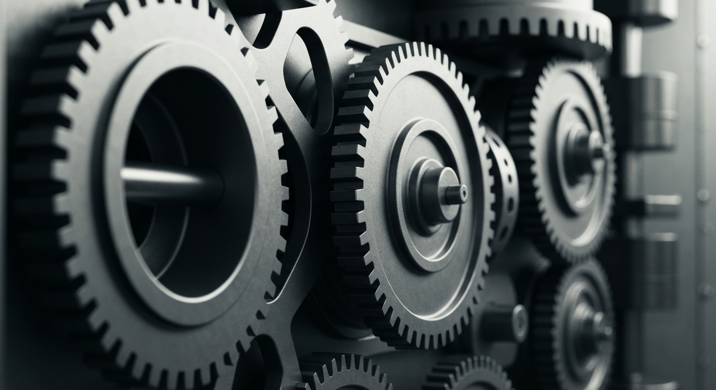 A highly detailed, black-and-white close-up image of the heavy, industrial machinery and mechanisms that make up the inner workings of a bank vault, conveying a sense of the physical, tangible nature of financial security and stability.