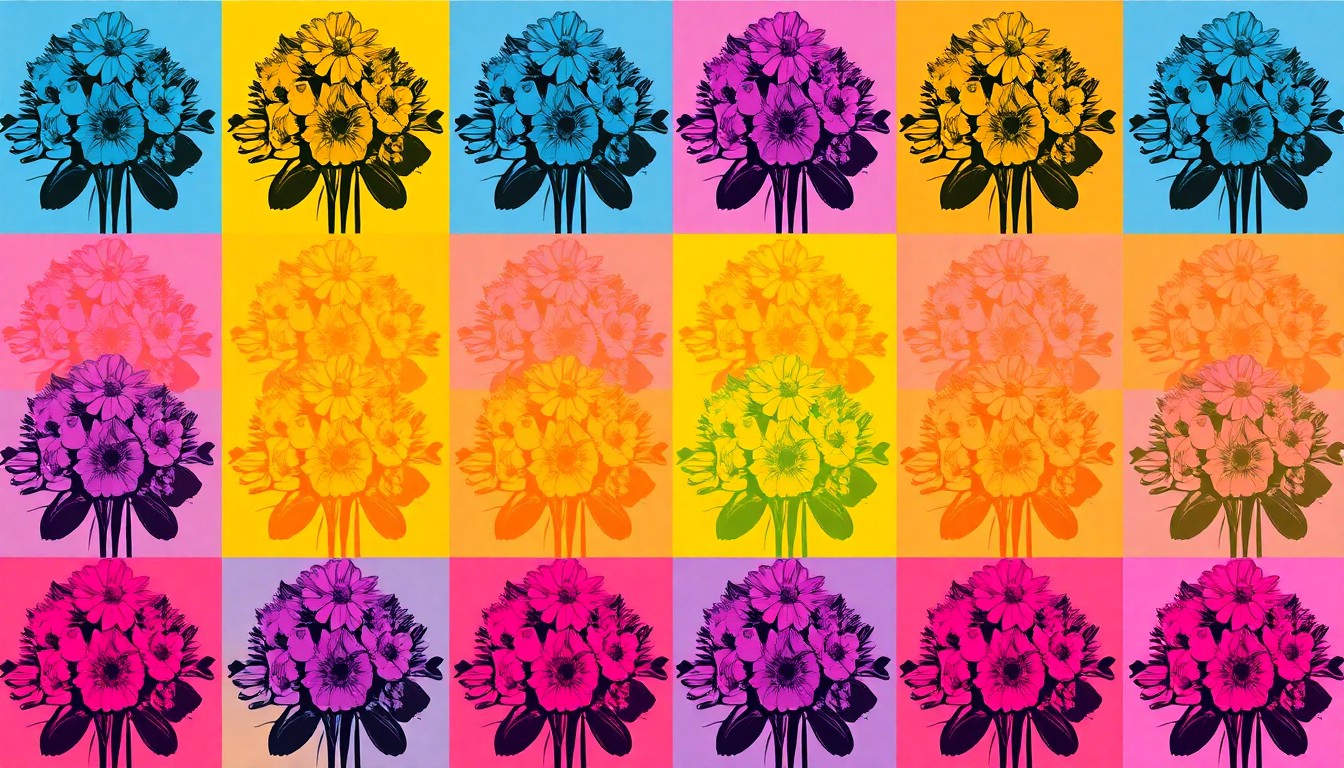 A highly stylized, abstract grid of brightly colored floral silhouettes in neon pink, orange, and blue, conceptually representing the creative energy of a community floral design workshop.