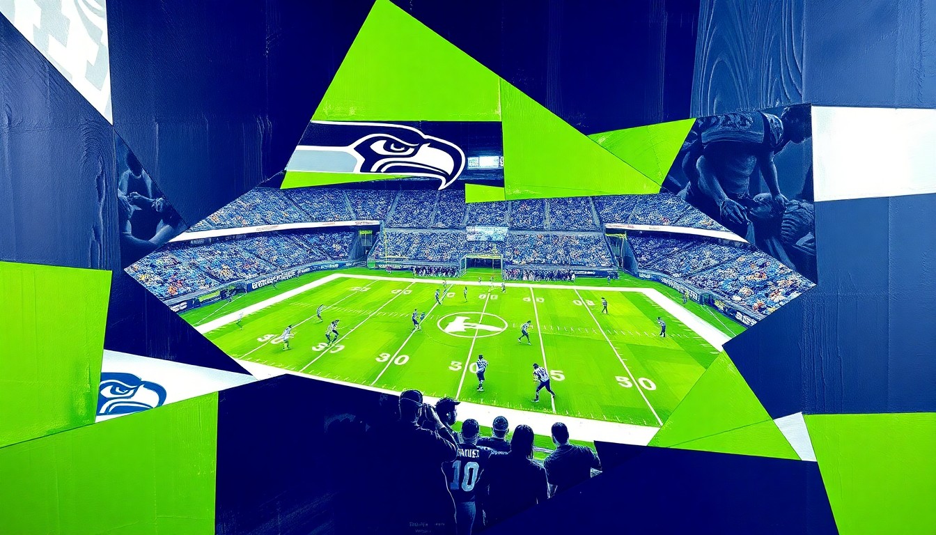 A cubist-style painting depicting a fragmented, geometric scene of Seattle Seahawks players in action, with sharp planes of navy, lime, and silver colors representing the energy and intensity of an NFL training camp.