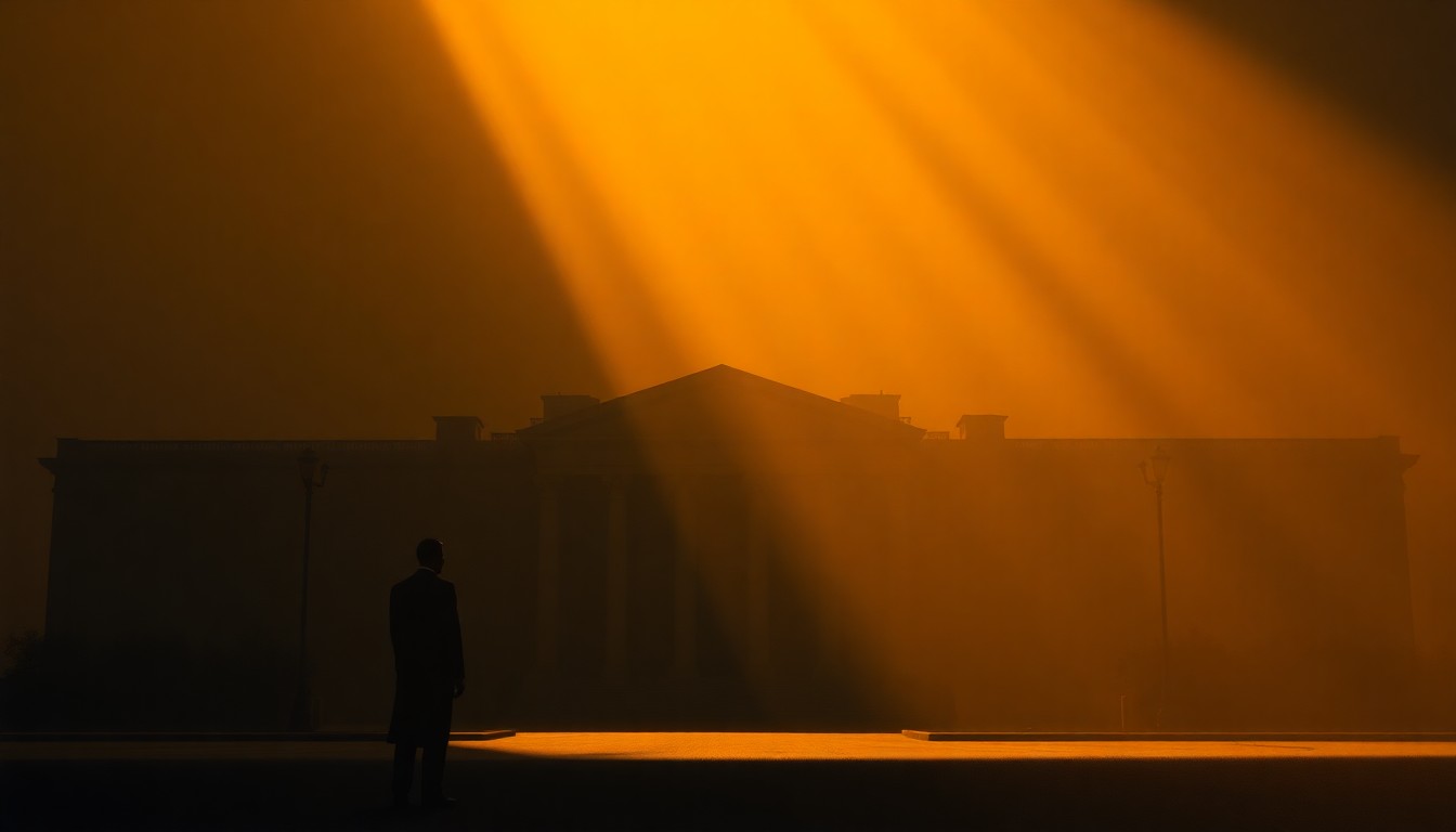 A serene, muted painting of a government building or political figure in a state of solitude, with warm light and deep shadows creating a contemplative mood.