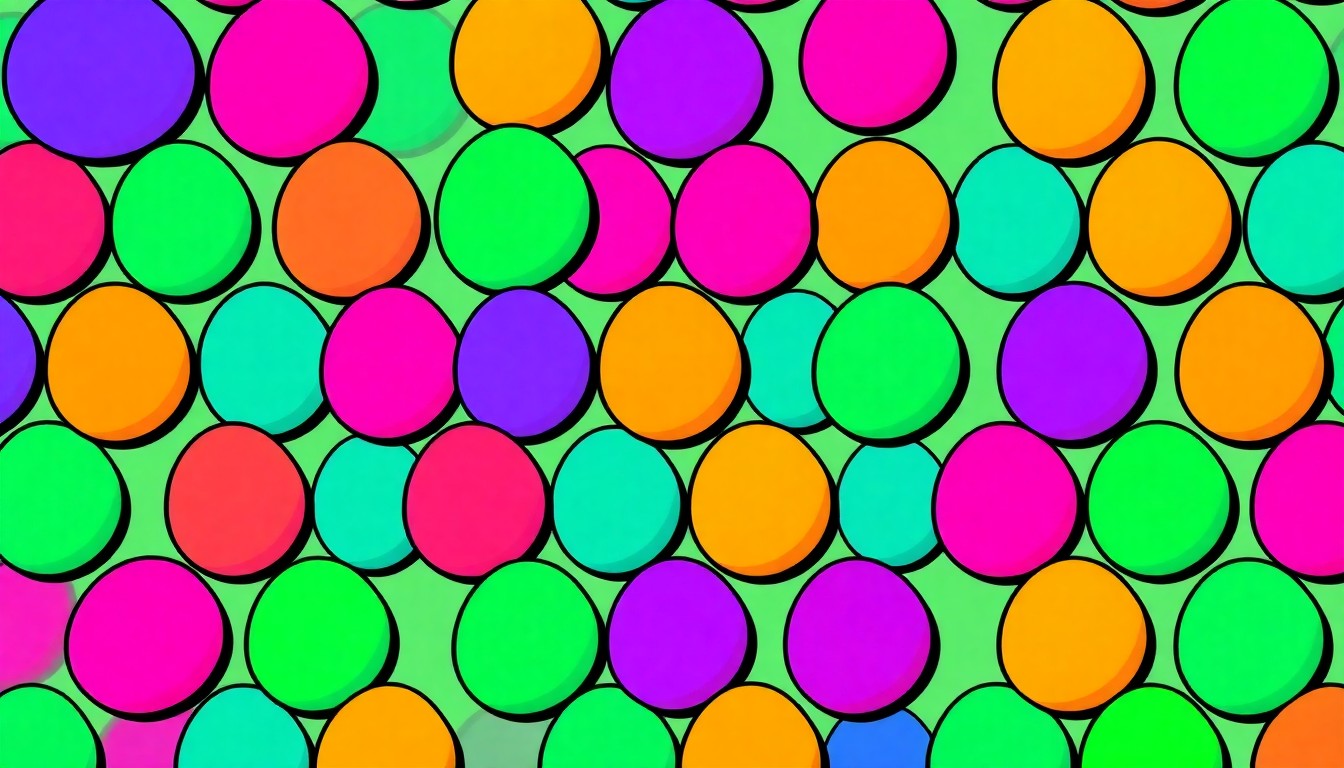 A vibrant, high-contrast silkscreen print of a colorful Easter egg repeated in a grid pattern, capturing the celebratory spirit of the upcoming community event.