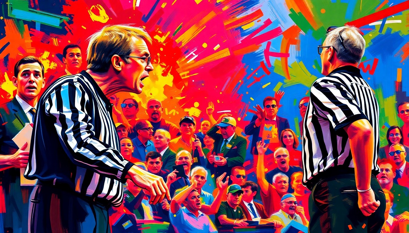 An abstract, energetic painting in neon colors depicting the intense body language and facial expressions of a college basketball coach arguing with a referee on the sideline, the figures' faces and identities obscured in the expressionist brushstrokes.