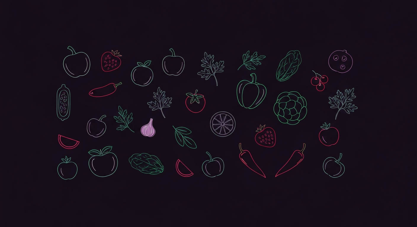 A glowing neon outline of various fruits, vegetables, and herbs against a dark background, conceptually representing the fresh and nutritious ingredients used in Elise Cuisine's homemade dishes and drinks.