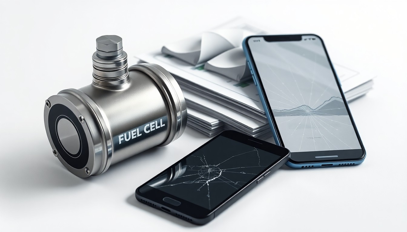 A photorealistic studio still life featuring a shiny metal fuel cell component, a stack of financial reports, and a cracked smartphone screen, arranged elegantly on a clean white background to symbolize the abstract concepts of corporate strategy, finance, and technology disruption in the renewable energy sector.