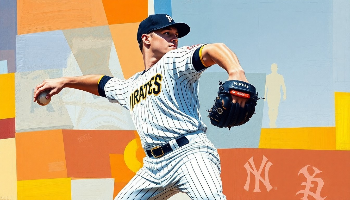 A cubist, geometric painting depicting a baseball pitcher's motion broken down into overlapping planes of color, representing the complex negotiations and competing interests surrounding a potential trade of the Pirates' ace.