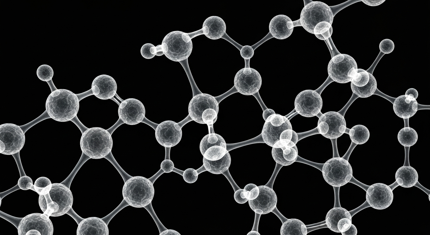 A ghostly, translucent X-ray photograph revealing the molecular structure of glyphosate as a glowing, ethereal lattice against a dark background, conceptually illustrating the scientific debate over the potential health impacts of this widely used herbicide.