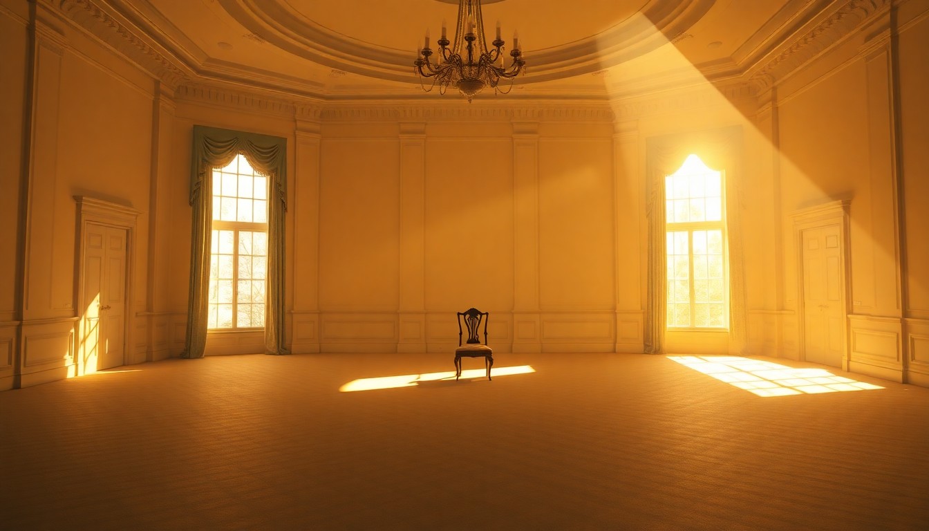 A serene, cinematic painting of an empty, sunlit White House ballroom, capturing the uncertainty surrounding the project's future.