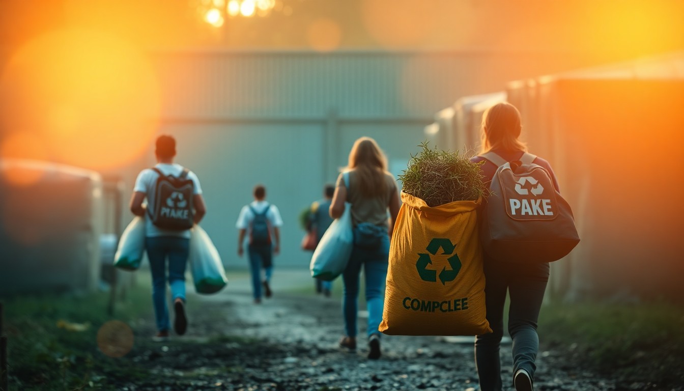 An abstract, impressionistic scene of people carrying bags of organic material towards a blurred recycling facility, with warm, hazy pools of light and color creating a sense of community and environmental stewardship.