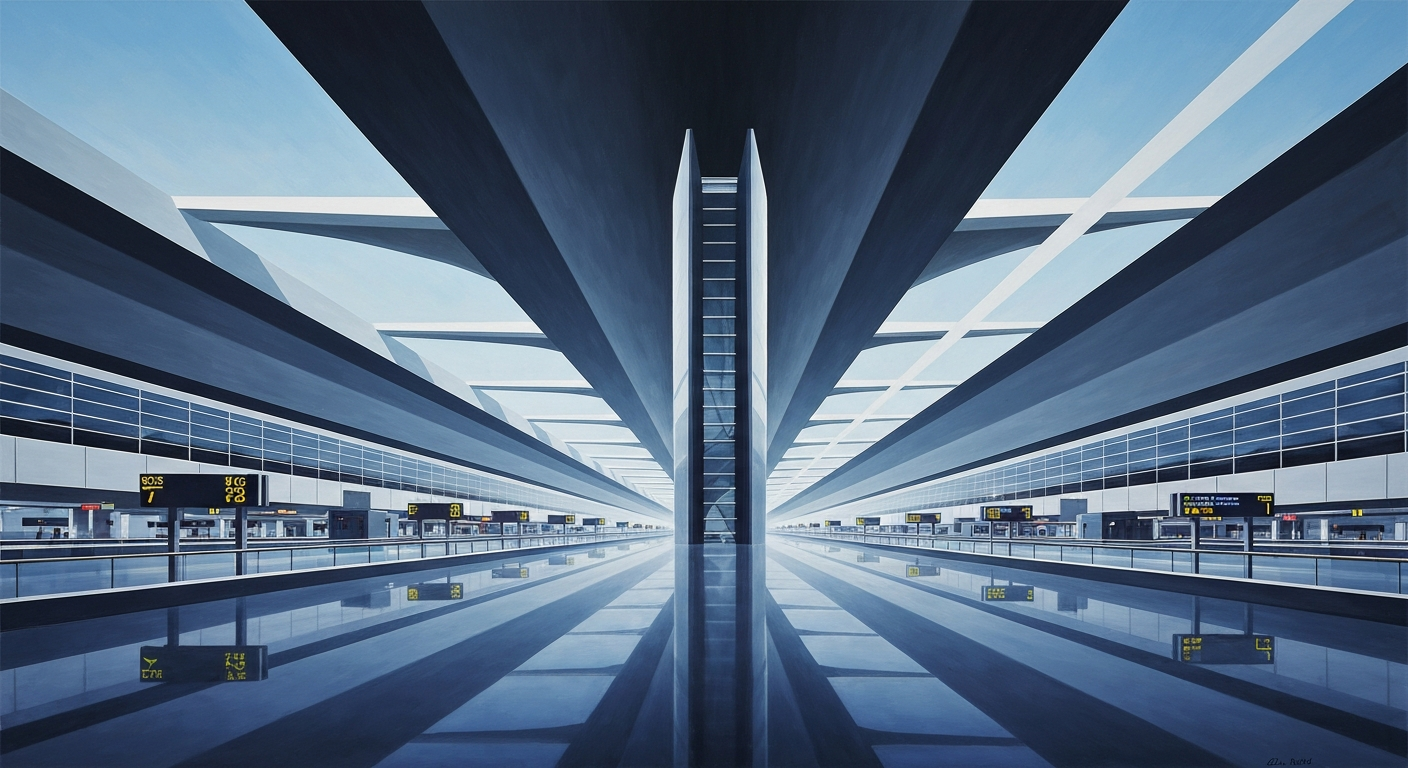 A bold, geometric illustration in the Art Deco style, featuring a towering, streamlined airport terminal structure with sweeping gradients of blues and grays, conveying the grand scale and impact of infrastructure changes at a major transportation hub.