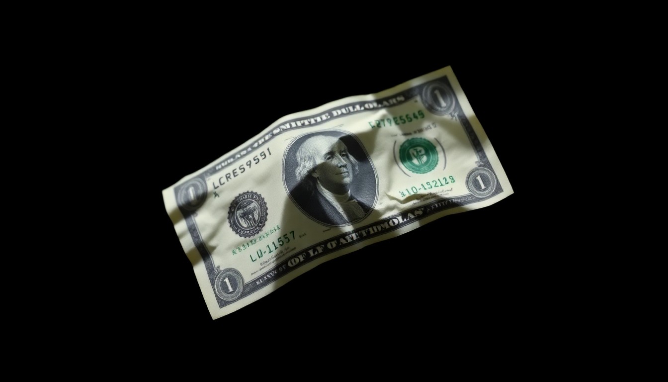An extreme close-up photograph of a crumpled, worn dollar bill against a pitch-black background, lit by a harsh, direct camera flash, conceptually representing the physical evidence at the center of a major investment fraud case.